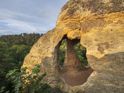 Cave at Klusfelsen in the Klusberge mountains, prehistoric place of worship, later Christian