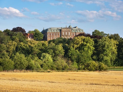 View over stubble field to Burgscheidungen Castle, Unstruttal, Burgenlandkreis, Saxony-Anhalt,