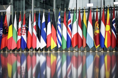 Symbolic image at the meeting of NATO foreign ministers. Brussels, 03.04.2024. Photographed on