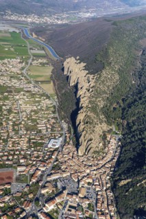 Aerial view of Les Mees, Provence-Alpes-Cote d'Azur Departement, Les Penitents, the penitents, rock