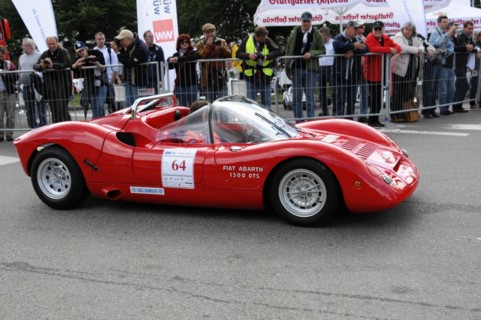 A red Fiat Abarth 1000 OTS waits on the road, ready to race, SOLITUDE REVIVAL 2011, Stuttgart,
