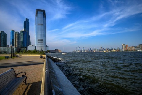 Views on New York Harbor, Manhattan and Statue of Liberty from the Liberty State Park, Jersey City,