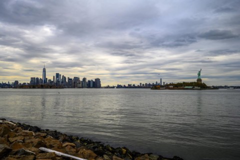 Views on New York Harbor, Manhattan and Statue of Liberty from the Liberty State Park, Jersey City,