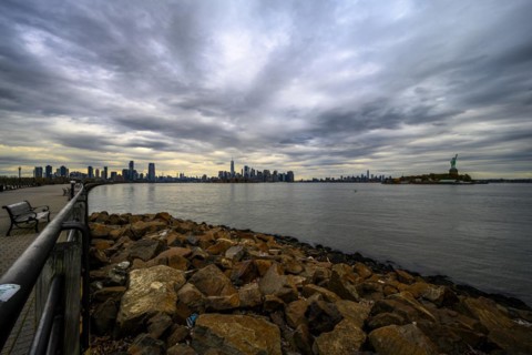 Views on New York Harbor, Manhattan and Statue of Liberty from the Liberty State Park, Jersey City,