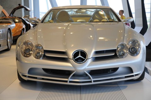 Museum, Mercedes-Benz Museum, Stuttgart, Front view of a silver Mercedes-Benz SLR McLaren in a