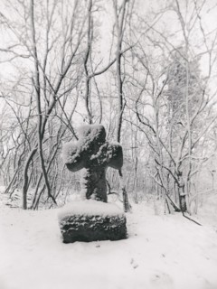 Medieval stone cross in a snow-covered forest in winter, murder cross, atonement cross, Freyburg