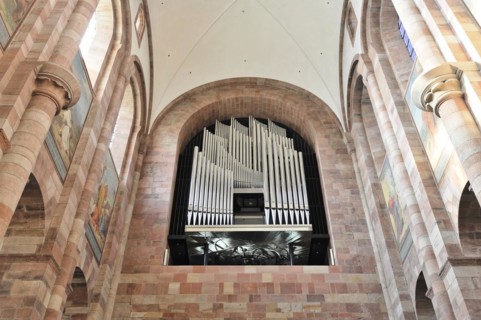 Speyer Cathedral, view of a church organ from the inside with many organ pipes and arches, Speyer
