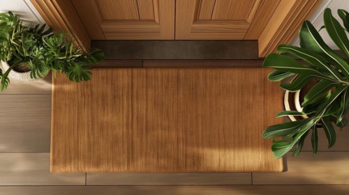 Blank welcome mat at custom front door of house. generative AI, AI generated