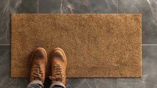 Blank welcome mat and pair of feet at front door of house. generative AI, AI generated