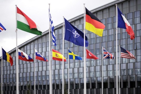 Symbolic image at the meeting of NATO foreign ministers. Brussels, 03.04.2024. Photographed on