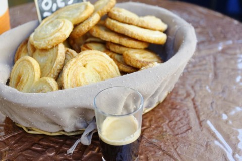 Marseille, palmier biscuits and sparkling wine in glasses, arranged in the centre, Marseille,