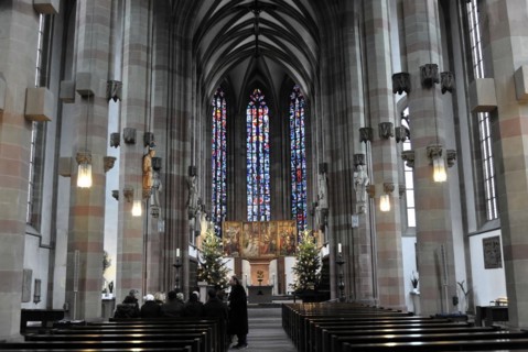 Interior, altar of St Mary's Chapel, market square, Wuerzburg, nave with richly decorated stained