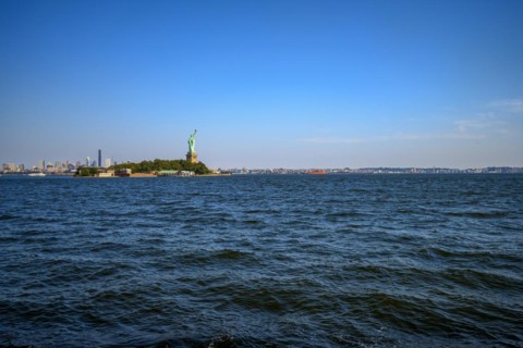 Views on New York Harbor, Manhattan and Statue of Liberty from the Liberty State Park, Jersey City,