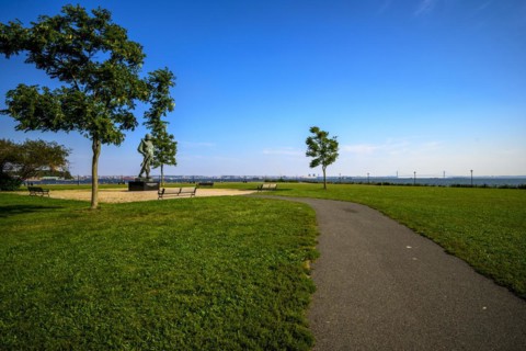 Views on New York Harbor, Manhattan and Statue of Liberty from the Liberty State Park, Jersey City,