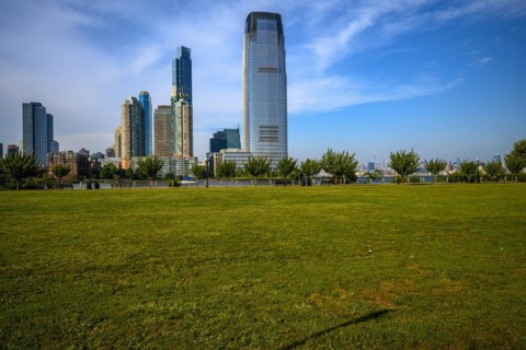 Views on New York Harbor, Manhattan and Statue of Liberty from the Liberty State Park, Jersey City,