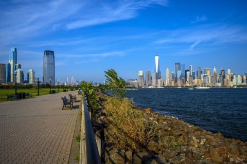 Views on New York Harbor, Manhattan and Statue of Liberty from the Liberty State Park, Jersey City,