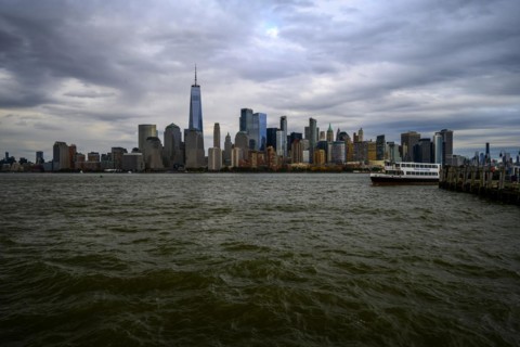 Views on New York Harbor, Manhattan and Statue of Liberty from the Liberty State Park, Jersey City,