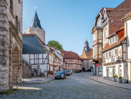 Street with cobblestones in the historic old town, half-timbered houses at the Frauentor,