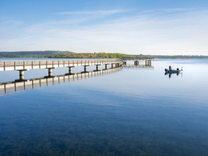 Pier in the harbour and fishing boat, Braunsbedra Marina, Geiseltalsee, Saxony-Anhalt, Germany,