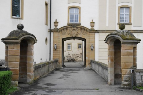 Langenburg Castle, sandstone portal with lamps as the main entrance to the castle, Langenburg