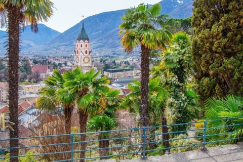 Subtropical vegetation in spring on the Tappeiner promenade with the tower of the parish church,
