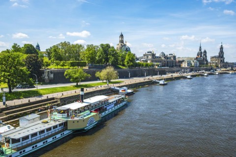 View of the historic old town ensemble and the steamer landing stage on the Terrassenufer in