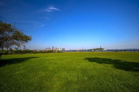 Views on New York Harbor, Manhattan and Statue of Liberty from the Liberty State Park, Jersey City,