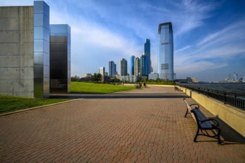 Views on New York Harbor, Manhattan and Statue of Liberty from the Liberty State Park, Jersey City,