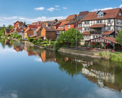 Werra with waterfront of the historic old town of Allendorf, Hessisches Bergland, Werratal, Bad
