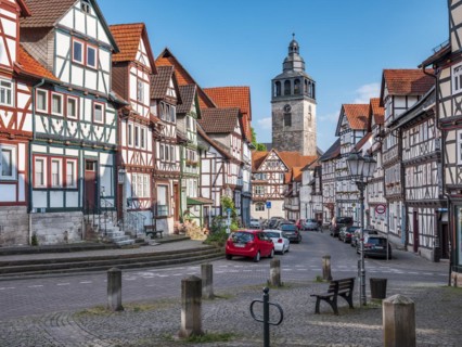 St Crucis Church and half-timbered houses in the historic old town of Allendorf, Hessisches
