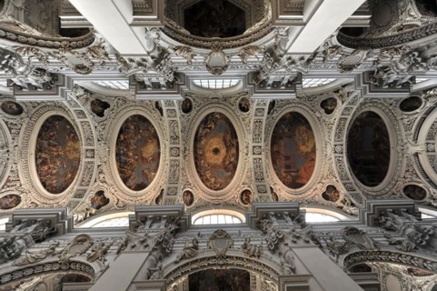 St Stephen's Cathedral, Passau, view of a richly decorated church ceiling with frescoes and stucco