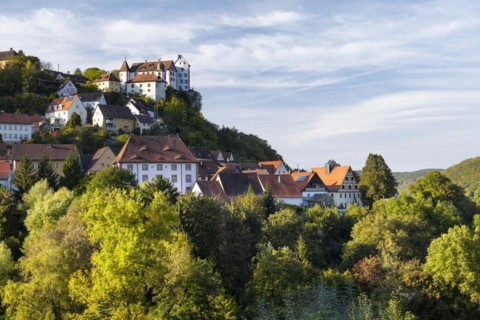 Egloffstein castle and village in the Trubach valley in autumn, Egloffstein, Upper Franconia,