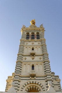 Church of Notre-Dame de la Garde, Marseille, Detailed view of a church tower with ornamental