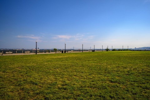 Views on New York Harbor, Manhattan and Statue of Liberty from the Liberty State Park, Jersey City,