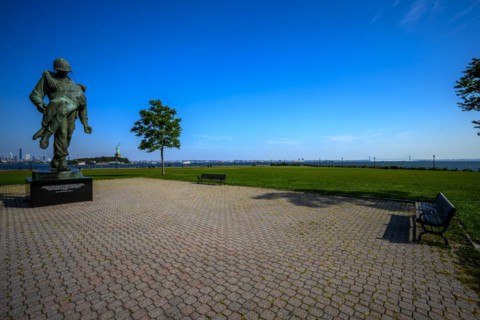 Views on New York Harbor, Manhattan and Statue of Liberty from the Liberty State Park, Jersey City,