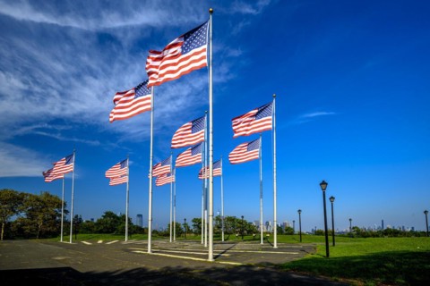 Views on New York Harbor, Manhattan and Statue of Liberty from the Liberty State Park, Jersey City,