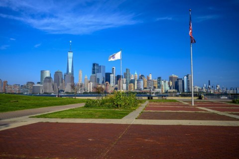Views on New York Harbor, Manhattan and Statue of Liberty from the Liberty State Park, Jersey City,