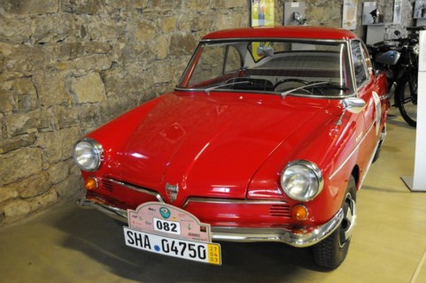 Deutsches Automuseum Langenburg, Red DKW classic car in classic form in a historic automobile