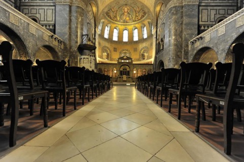 Church of the Redeemer, start of construction 1903, Bad Homburg v. d. Hoehe, Hesse, Rows of pews in