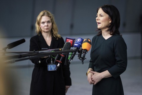 Annalena Baerbock, Federal Foreign Minister, photographed during a doorstep at the meeting of NATO
