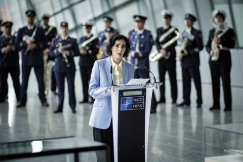 Hadja Lahbib, Foreign Minister of Belgium, photographed during the ceremony to mark the 75th