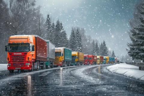 Traffic jam, congested motorway with many lorries and cars in winter, bad weather conditions, snow
