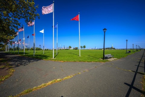 Views on New York Harbor, Manhattan and Statue of Liberty from the Liberty State Park, Jersey City,
