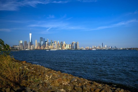 Views on New York Harbor, Manhattan and Statue of Liberty from the Liberty State Park, Jersey City,
