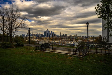 Views on New York Harbor, Manhattan and Statue of Liberty from the Liberty State Park, Jersey City,