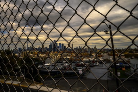 Views on New York Harbor, Manhattan and Statue of Liberty from the Liberty State Park, Jersey City,
