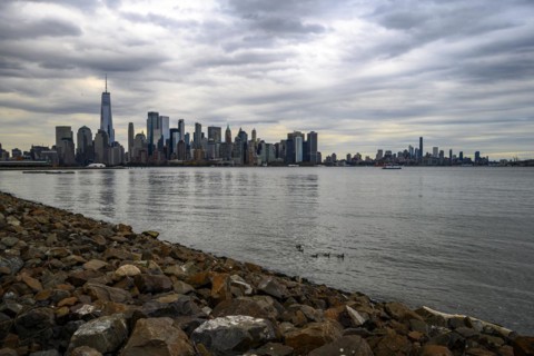 Views on New York Harbor, Manhattan and Statue of Liberty from the Liberty State Park, Jersey City,