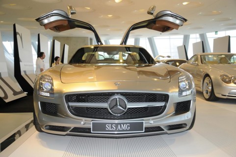 Museum, Mercedes-Benz Museum, Stuttgart, A silver Mercedes-Benz SLS AMG with open gullwing doors in