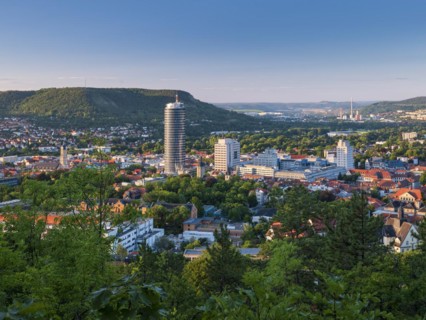 City view with JenTower and Friedrich Schiller University, view from Mount Landgrafen, Jena, Saale
