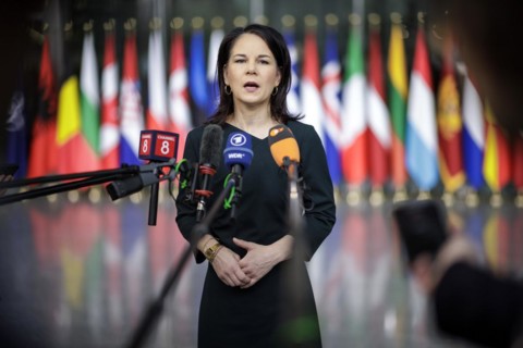 Annalena Baerbock, Federal Foreign Minister, photographed during a doorstep at the meeting of NATO
